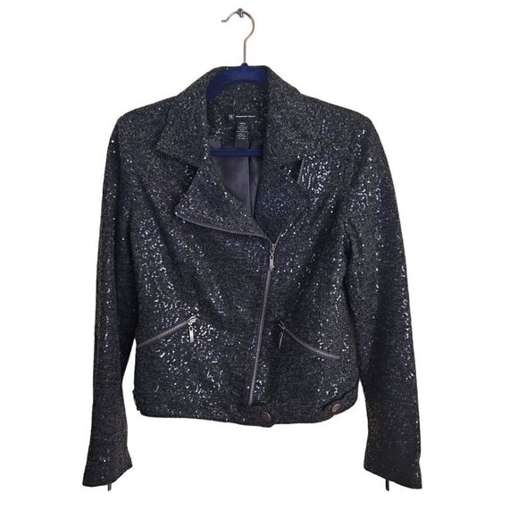 Inc International Charcoal Gray Fully Sequined Moto Jacket Size S - Picture 1 of 5
